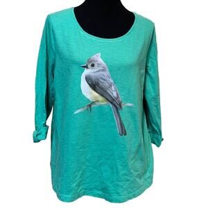 Hand Printed Upcycled Womens XL Tufted Titmouse Bird 3/4 Sleeve Cotton Tee